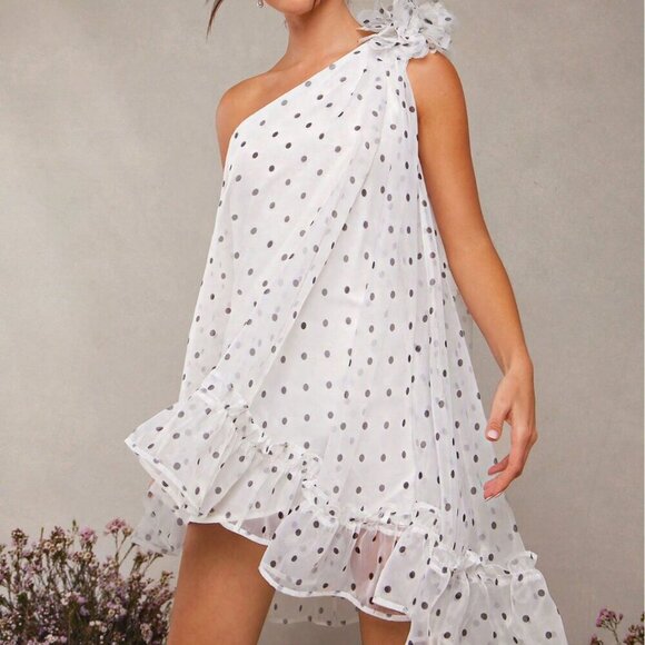 White Elegant Women's Polka Dot Off Shoulder Dress With Detachable Flower - Picture 1 of 5